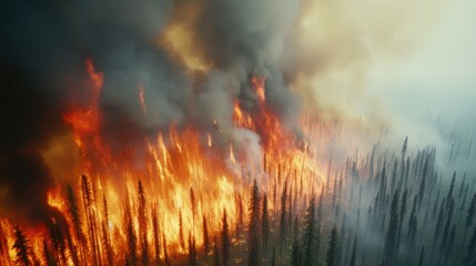 Wildfire burns ground in forest, aerial shot