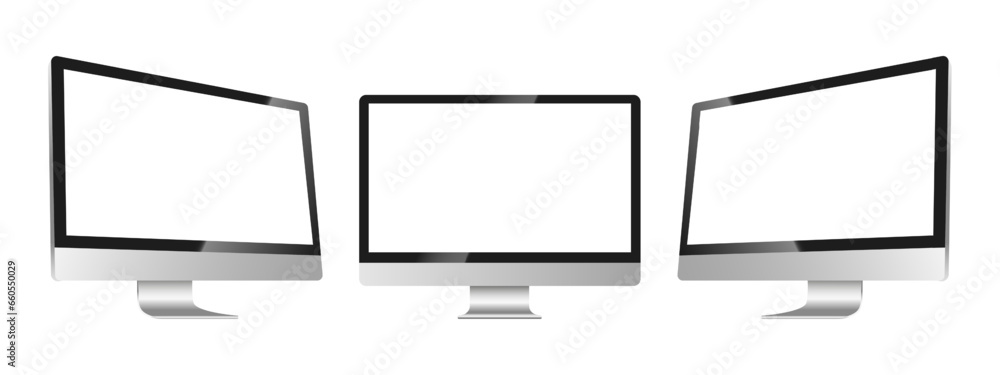 Poster realistic mockup computer. screen monitor display on thre sides with blank screen for your design. r