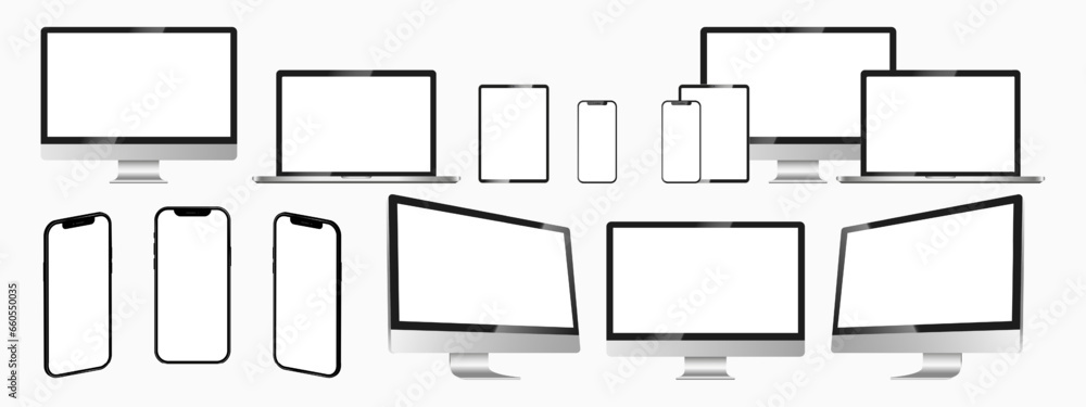 Poster realistic mock up set computer, laptop, tablet and phone. device screen mockup collection. mock up c