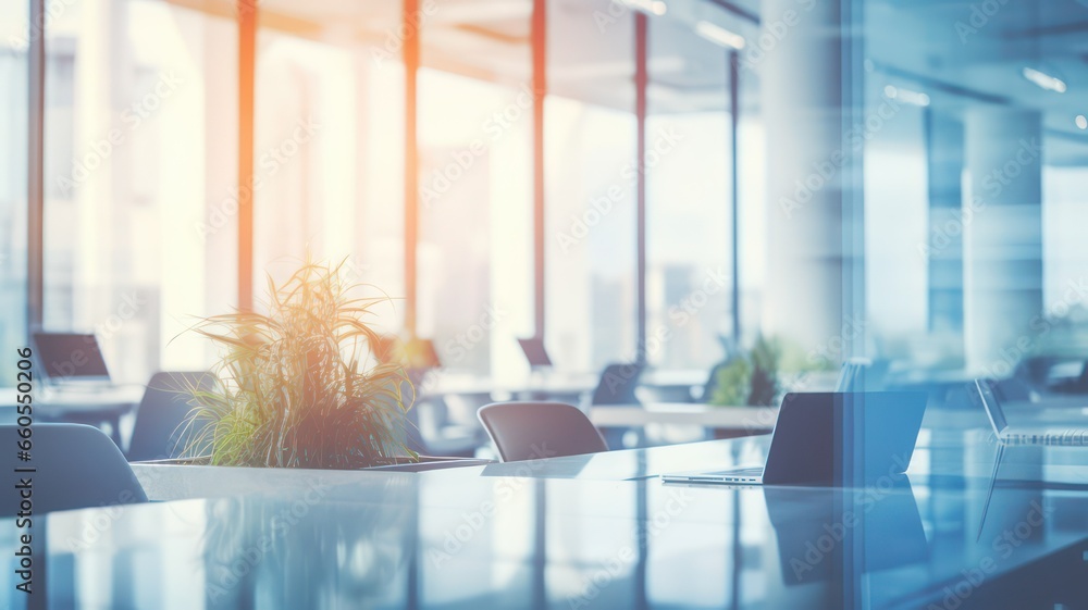 Poster beautiful blurred background of a light modern office created with generative ai