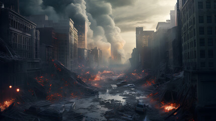 War damaged city, bomb damaged city, war damage concept.. A city ruined and destroyed by war.