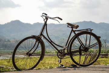 Classic old fashioned black gents roadster bicycle from early 20th century parked in the house yard. Concept for collector items, hobby, vintage, retro style bike, decorations, and museum.