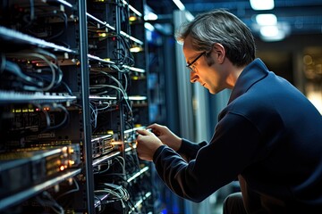 Skilled technician maintaining server infrastructure in data center, ensuring optimal performance and data security. - obrazy, fototapety, plakaty