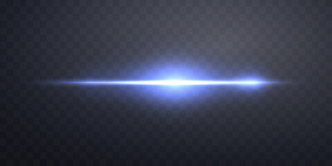 Blue horizontal lens flare. Sun flash with rays or spotlight and bokeh. Glow flare light effect. Vector illustration.