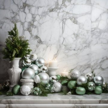 Fondo con detalle de varios adornos de navidad, con vegetación, sobre superficie de marmol de color blanco