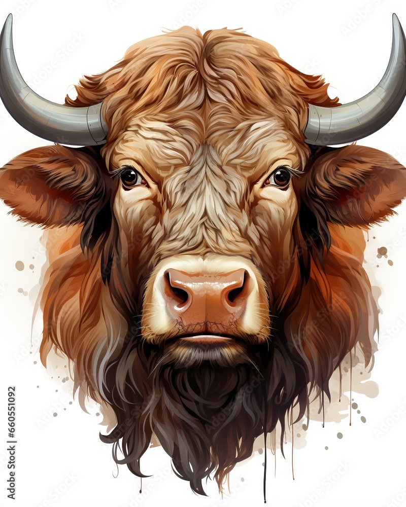 Sticker  a brown bull with long horns and a black nose is shown.  generative ai