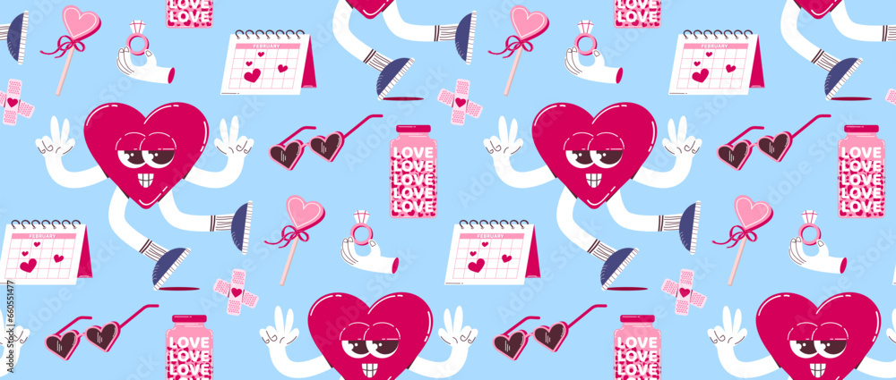 Poster pattern with cute heart character and other elements in retro cartoon style. vector background for v