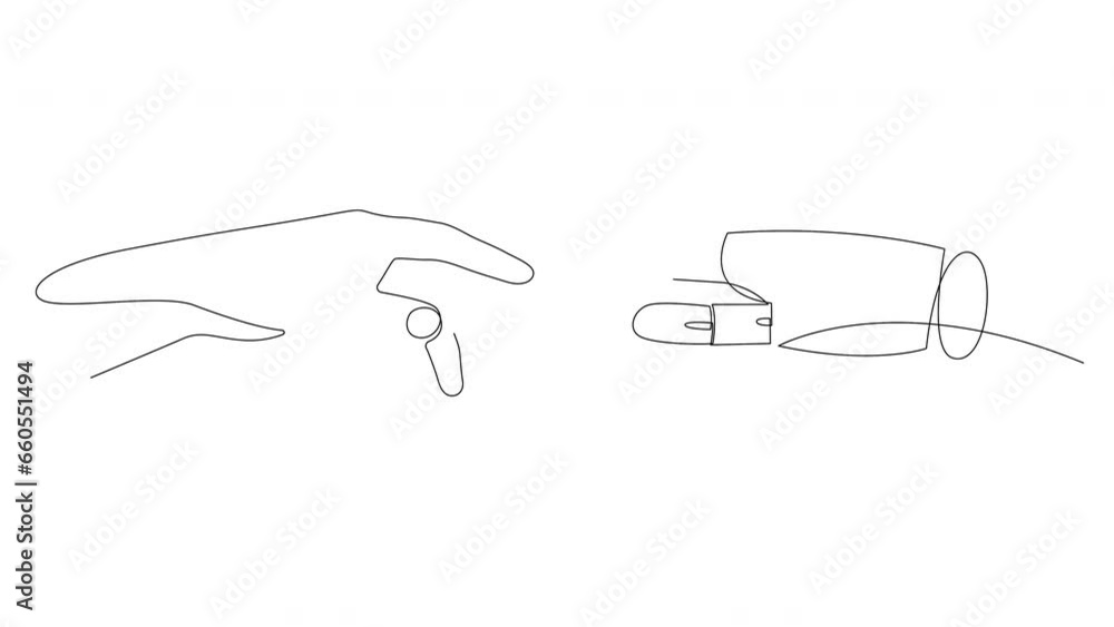 Poster self drawing animation of human hand touch robot hand drawn by continuous line. artificial intellige