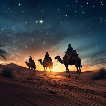 The three wise men from the East, with their camels following the star through the desert. Generative AI