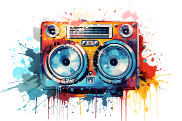Fototapeta premium watercolor illustration of a vintage radio cassette with splashes of watercolour paint.Png.Isolated