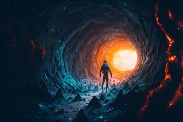 a human traveling through the depths of space across a blackhole meeting God for the fist time lights futurism Upscale Unreal Engine 5 Cinematic Color Grading portrait Photography Shot on 50mm lense  - obrazy, fototapety, plakaty