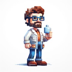 8 Bit Cartoon Scientist in White Background Creating Inventions