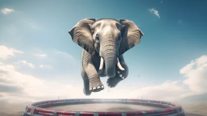 Foto op Aluminium A 3-dimensional portrayal of an elephant springing on a bouncy platform. © Sandris_ua