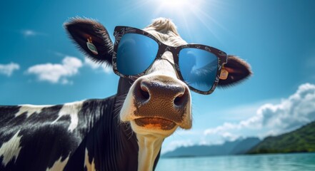 2021 technology meets fun: A happy cow wearing cool sunglasses created with generative AI - Powered by Adobe