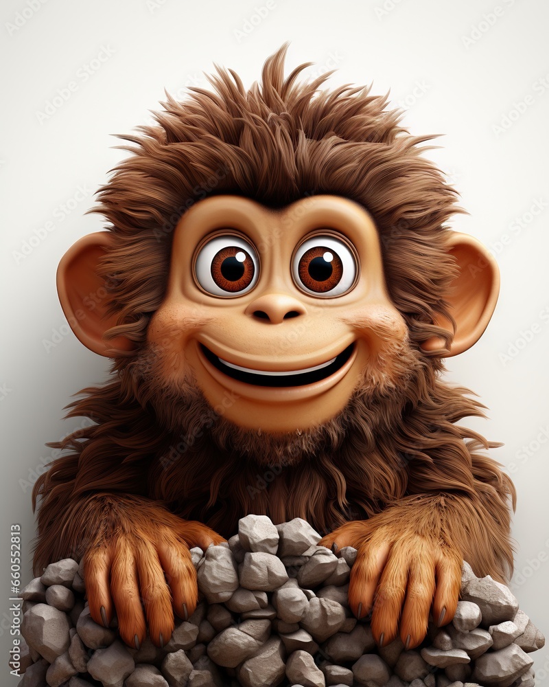 Poster a cartoon monkey with a pile of rocks in front of it. generative ai