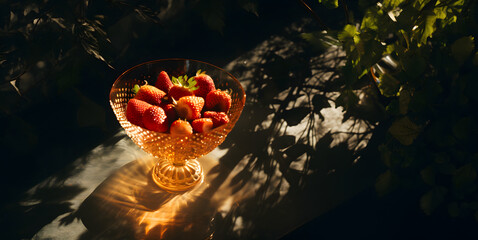 Ripe Strawberries in a Crystal Bowl, Illuminated by Natural Sunlight with Shadow Play on a Textured Backdrop