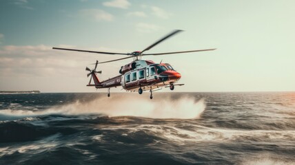 Obraz premium Aerial View of the Serene Ocean: Helicopter Flyover and Airplane Landing on Water for Hassle-Free Travel and Transport by Air and Sea