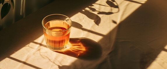 Ripe juice in a Crystal Glass, Illuminated by Natural Sunlight with Shadow Play on a Textured Backdrop