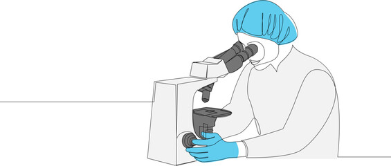 Scientist looking through microscope in laboratory continuous line drawing. Scientific research concept drawn by single line. Vector illustration on white background.