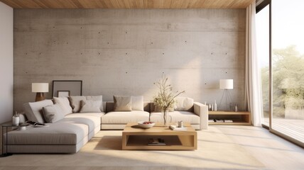 AI-aided interior design: 3-dimensional floor plan featuring light-toned concrete walls, couch, and coffee table of the living area background.