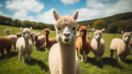 Fototapeta premium AI-Generated Green Grass Grazing Alpaca Herd in Fuzzy Fiber