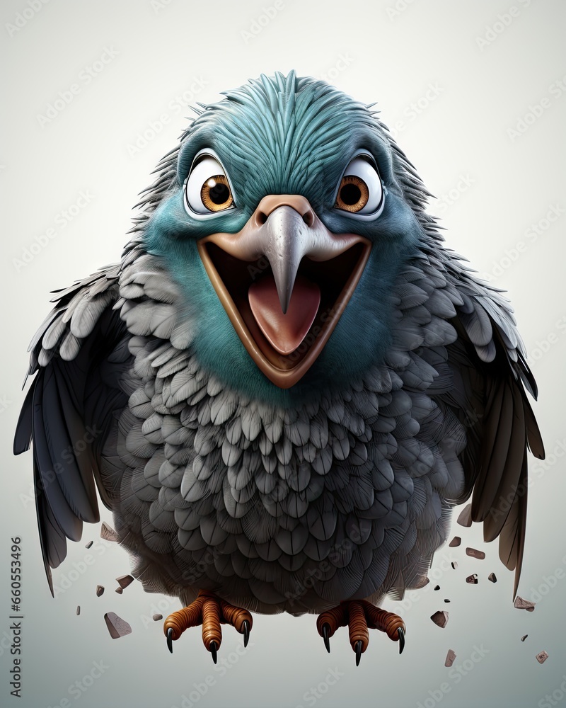 Poster a bird with a big smile on its face and wings. generative ai