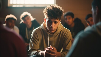 Anxious Hispanic Teen Boy Shares Bad News with Multiracial High School Classmates in a Circle Discussion - obrazy, fototapety, plakaty