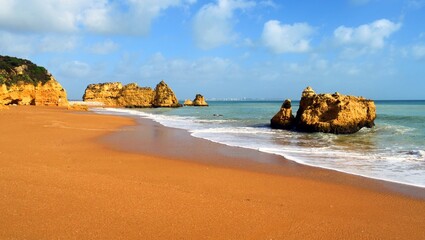 landscape of Praia da Dona Ana beach located in Lagos in the Algarve region in southern Portugal on...