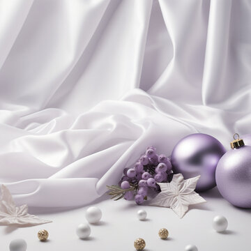 Fondo con detalle y textura de decoración de navidad, de tonos lila, sobre superficie de tela de color blanco