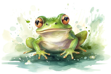 happy green frog jumping hunting