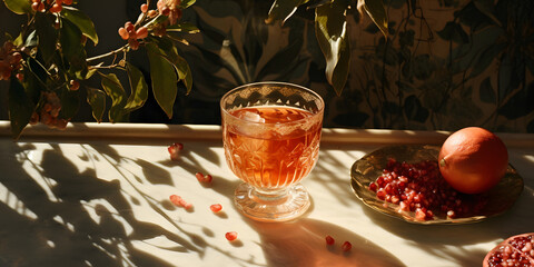 A glass contains pomegranate juice and pomegranate, surrounded by leaves