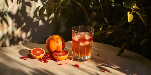 Pomegranate juice and pomegranate in light orange and sunny shades