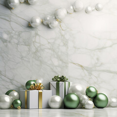 Fondo con detalle y textura de regalos y adornos de navidad, con tonos metalicos, sobre superficie de marmol blanco - obrazy, fototapety, plakaty