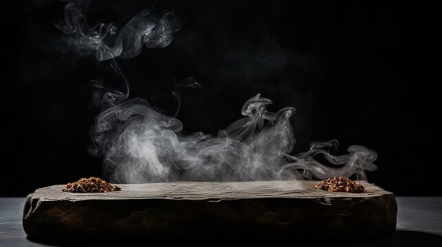 Smoke from incense sticks on a empty black stone table