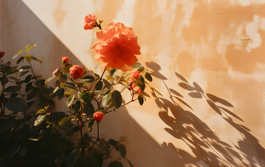 Shadows Around Pink Flower and Green Leaves in Light Orange and Gold