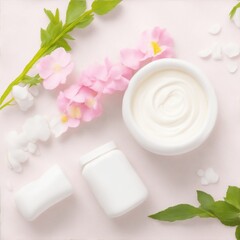 Fototapeta na wymiar Cosmetic cream with flowers