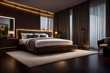 interior of a bedroom,A luxurious modern bedroom interior at night, bathed in the soft glow of ambient lighting