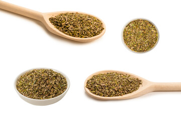 Oregano in a bowl isolated.