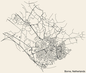 Obraz premium Detailed hand-drawn navigational urban street roads map of the Dutch city of BORNE, NETHERLANDS with solid road lines and name tag on vintage background