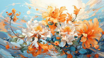 Fototapeta na wymiar a painting of orange and white flowers on a blue background. Gouache Painting of a Tangerine color flower, Perfect for Wall Art.