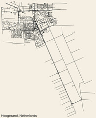 Detailed hand-drawn navigational urban street roads map of the Dutch city of HOOGEZAND, NETHERLANDS with solid road lines and name tag on vintage background