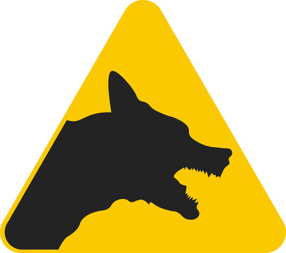 Isolated illustration sign beware of dog, mad dog caution, angry dog warning yellow label