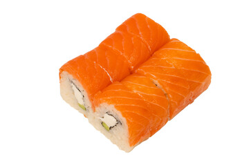 Sushi roll with salmon isolated on a white background.