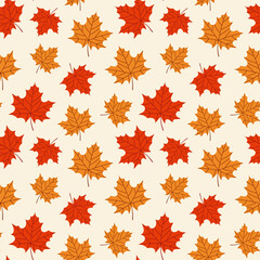 Maple leaves seamless pattern. Orange and red leaves on a beige background. Botanical autumn print. Vector illustration.