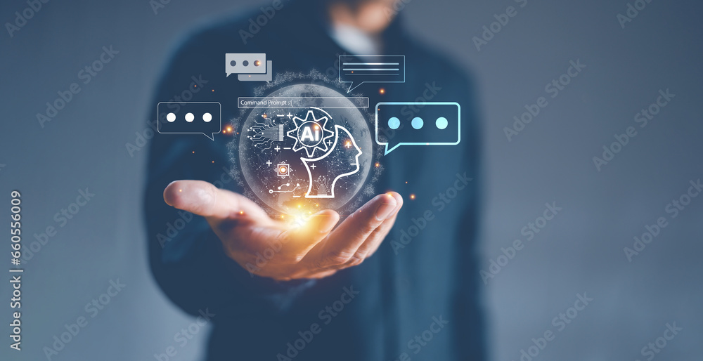 Poster businessman show virtual graphic global internet connect command prompt chat with ai. chatbot chat w