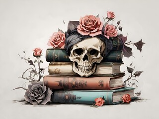 skull, books, flowers and crossbones