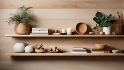 Fototapeta na wymiar interior with shelves, Wooden wall floating shelves with home decorative pieces