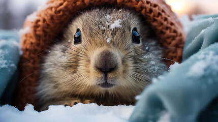 A groundhog peeking out from under a fluffy blanket of snow on Groundhog Day, with its warm breath creating a mist in the chilly air - obrazy, fototapety, plakaty