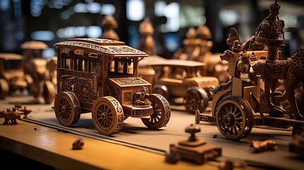 various forms of crafts made from polished wood into vehicles, namely cars, trains, sailboats, motorbikes and rickshaws