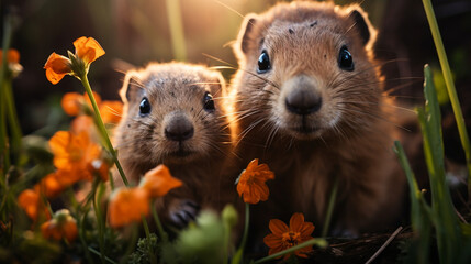 A charming groundhog family in their burrow on Groundhog Day, cozy and snug in their underground home as they prepare to emerge - obrazy, fototapety, plakaty